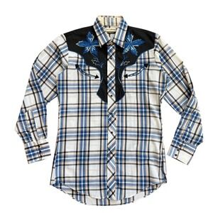 Vintage Karman Gold Collection Mens Western Shirt Plaid Embroidered Blue‎ Medium